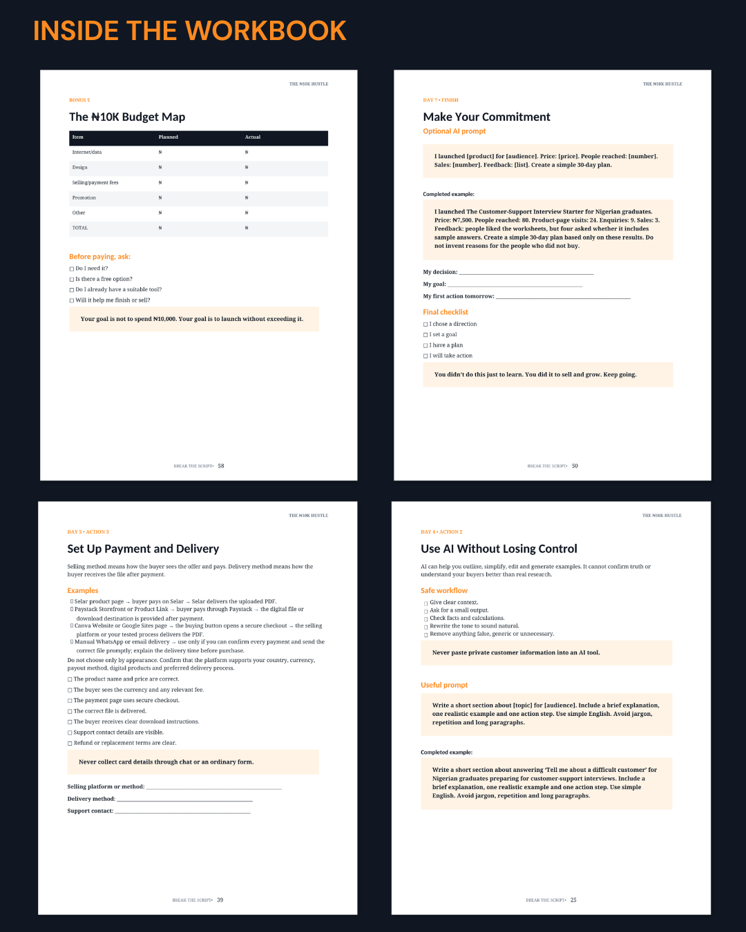 Large preview of selected worksheets and exercises inside The ₦10K Hustle