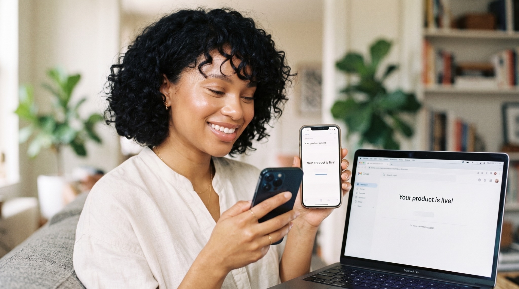 A Nigerian woman smiling as she sees that her digital product is live